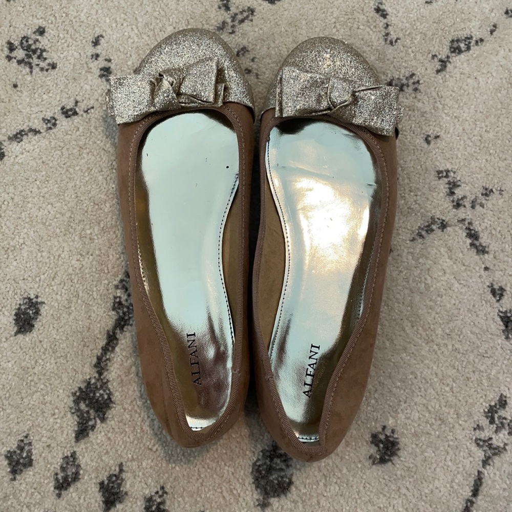Alfani tan suede flats with gold glitter bow
